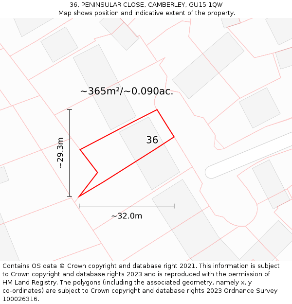 36, PENINSULAR CLOSE, CAMBERLEY, GU15 1QW: Plot and title map