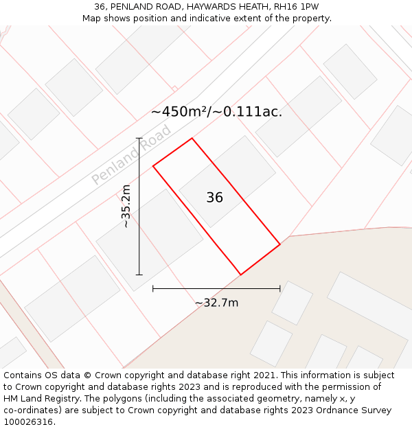 36, PENLAND ROAD, HAYWARDS HEATH, RH16 1PW: Plot and title map