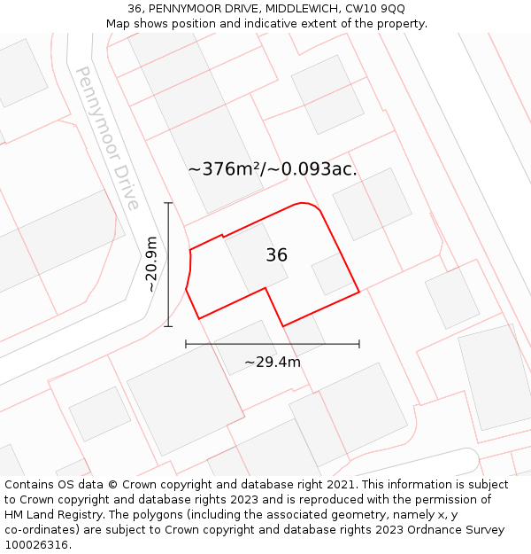 36, PENNYMOOR DRIVE, MIDDLEWICH, CW10 9QQ: Plot and title map