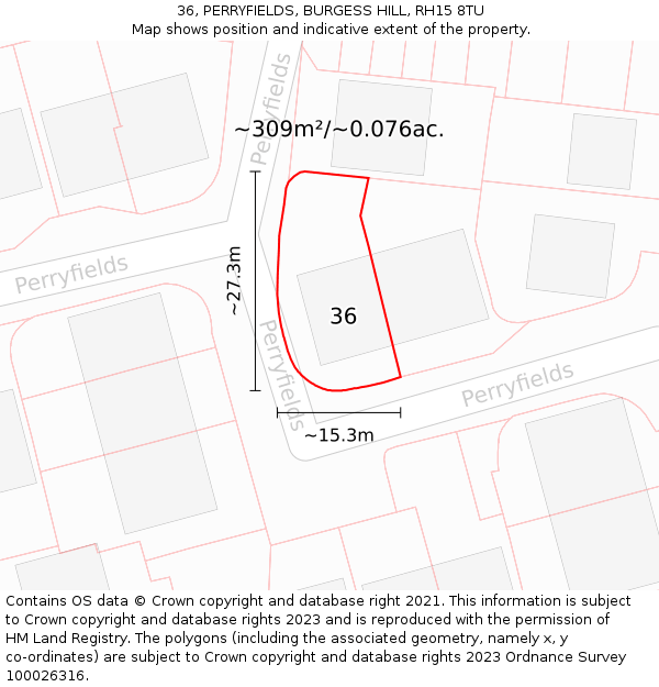 36, PERRYFIELDS, BURGESS HILL, RH15 8TU: Plot and title map