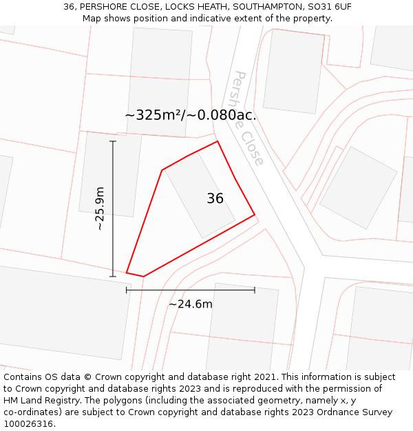 36, PERSHORE CLOSE, LOCKS HEATH, SOUTHAMPTON, SO31 6UF: Plot and title map