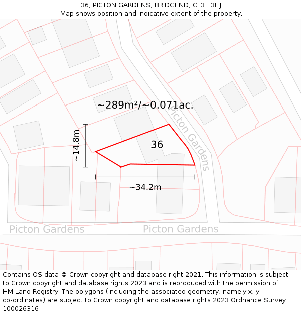 36, PICTON GARDENS, BRIDGEND, CF31 3HJ: Plot and title map