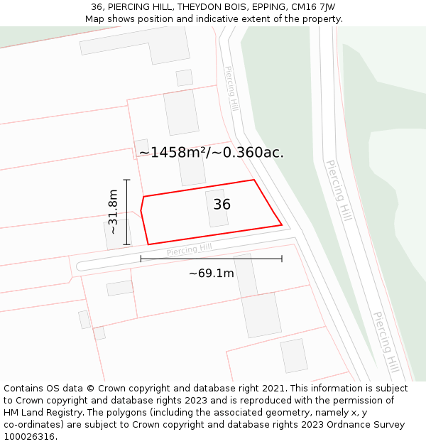 36, PIERCING HILL, THEYDON BOIS, EPPING, CM16 7JW: Plot and title map