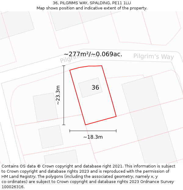 36, PILGRIMS WAY, SPALDING, PE11 1LU: Plot and title map