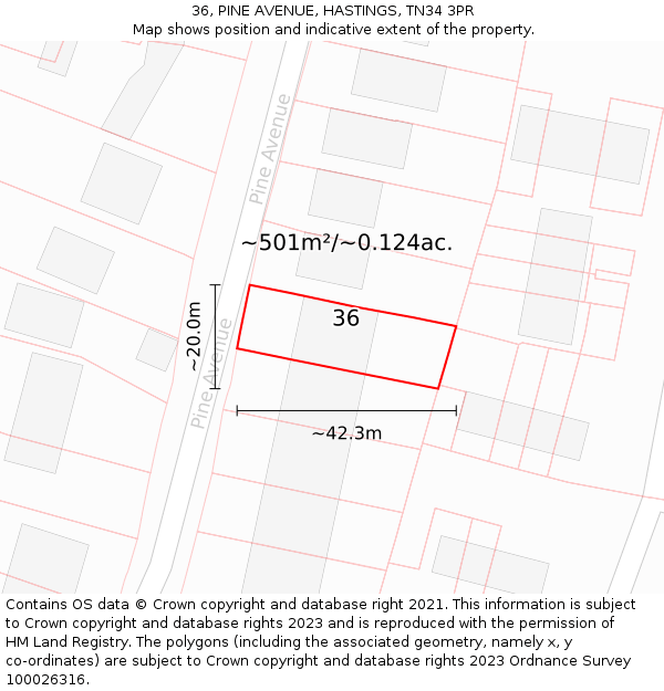 36, PINE AVENUE, HASTINGS, TN34 3PR: Plot and title map