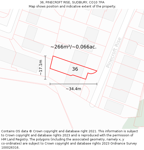 36, PINECROFT RISE, SUDBURY, CO10 7PA: Plot and title map