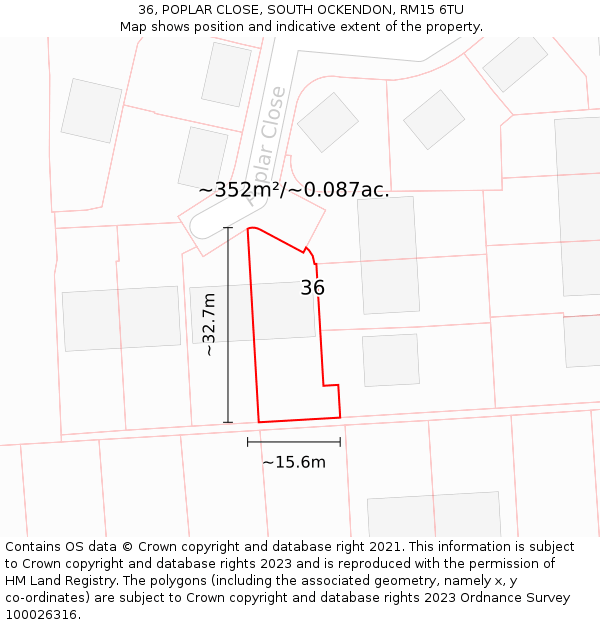 36, POPLAR CLOSE, SOUTH OCKENDON, RM15 6TU: Plot and title map