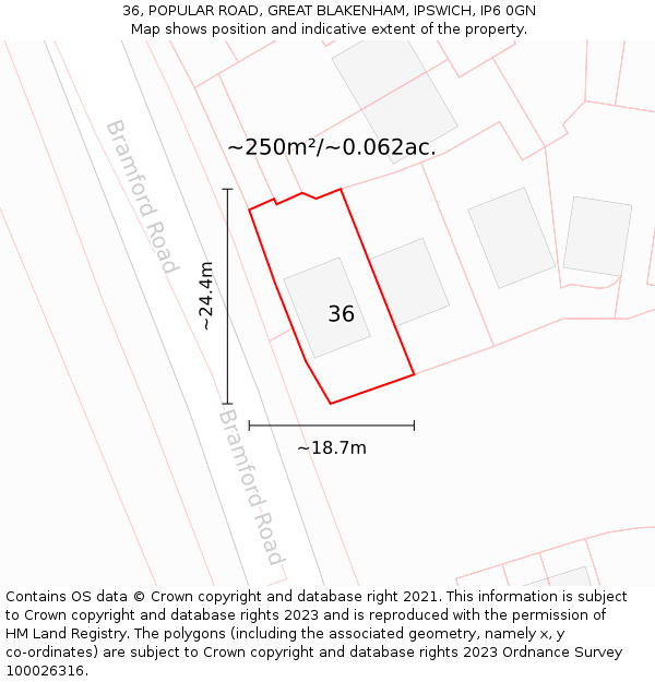 36, POPULAR ROAD, GREAT BLAKENHAM, IPSWICH, IP6 0GN: Plot and title map