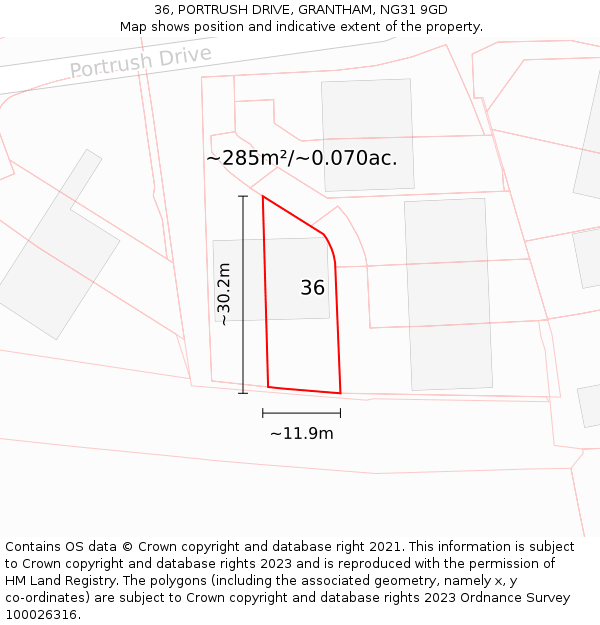 36, PORTRUSH DRIVE, GRANTHAM, NG31 9GD: Plot and title map