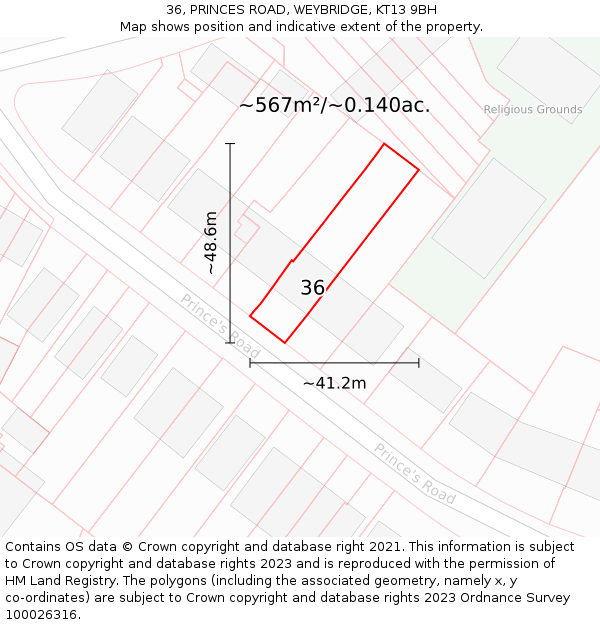 36, PRINCES ROAD, WEYBRIDGE, KT13 9BH: Plot and title map