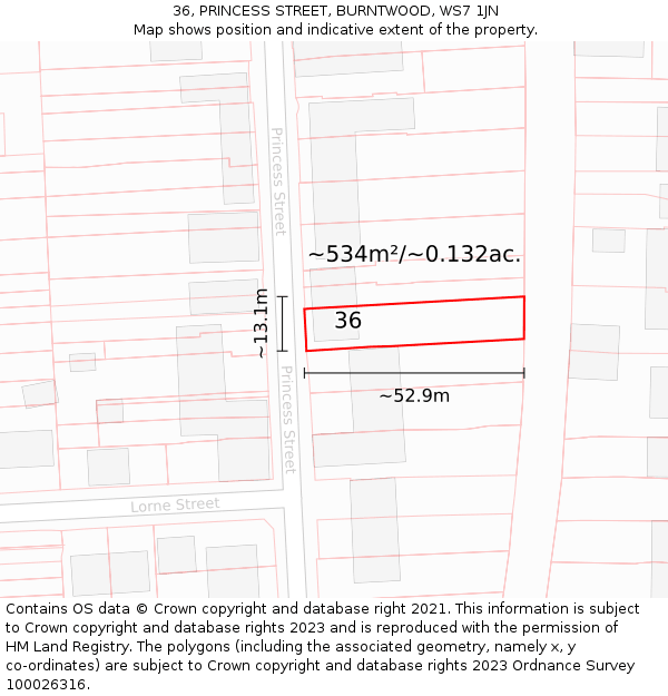 36, PRINCESS STREET, BURNTWOOD, WS7 1JN: Plot and title map