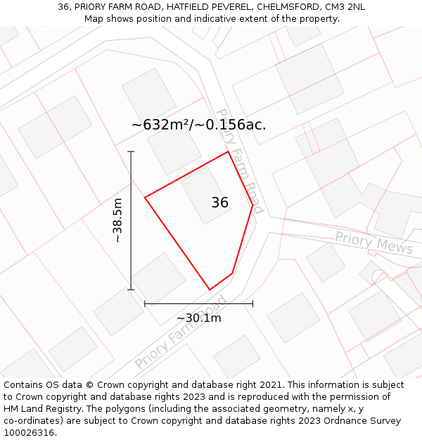 36, PRIORY FARM ROAD, HATFIELD PEVEREL, CHELMSFORD, CM3 2NL: Plot and title map