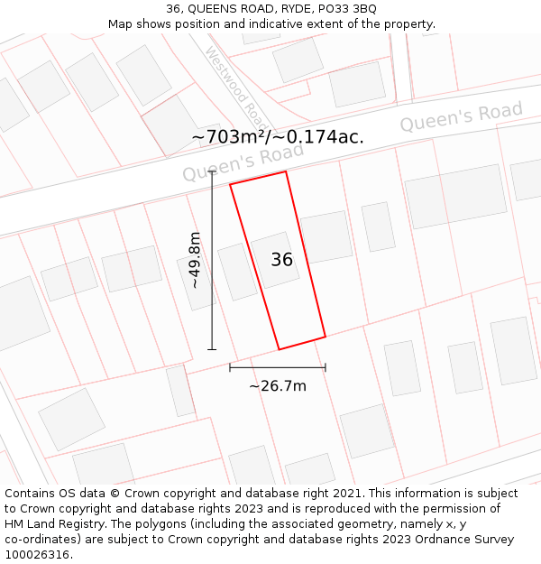 36, QUEENS ROAD, RYDE, PO33 3BQ: Plot and title map