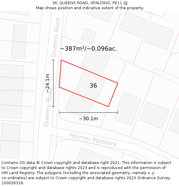 36, QUEENS ROAD, SPALDING, PE11 2JJ: Plot and title map