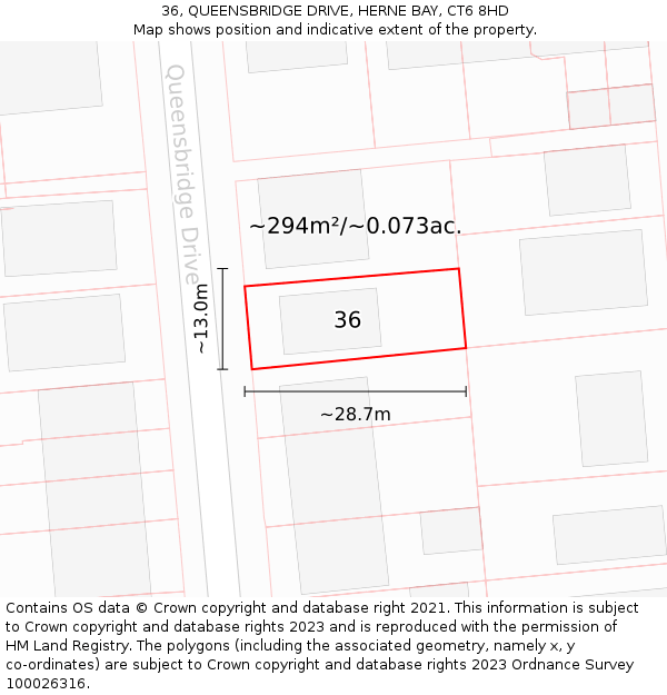 36, QUEENSBRIDGE DRIVE, HERNE BAY, CT6 8HD: Plot and title map