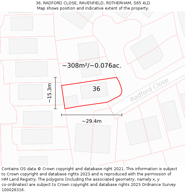 36, RADFORD CLOSE, RAVENFIELD, ROTHERHAM, S65 4LD: Plot and title map