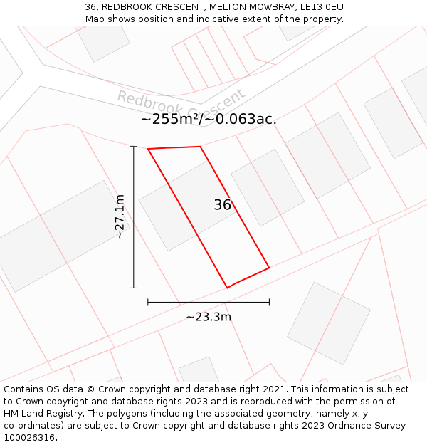 36, REDBROOK CRESCENT, MELTON MOWBRAY, LE13 0EU: Plot and title map