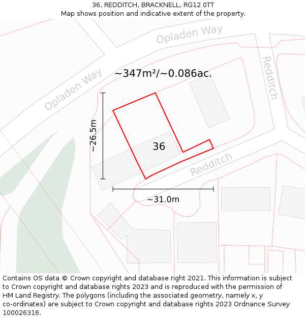 36, REDDITCH, BRACKNELL, RG12 0TT: Plot and title map