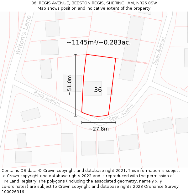 36, REGIS AVENUE, BEESTON REGIS, SHERINGHAM, NR26 8SW: Plot and title map