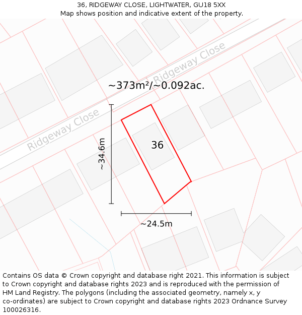 36, RIDGEWAY CLOSE, LIGHTWATER, GU18 5XX: Plot and title map