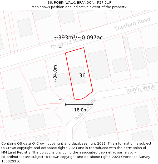 36, ROBIN WALK, BRANDON, IP27 0UF: Plot and title map