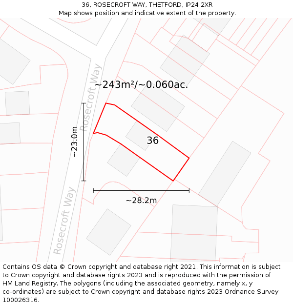 36, ROSECROFT WAY, THETFORD, IP24 2XR: Plot and title map