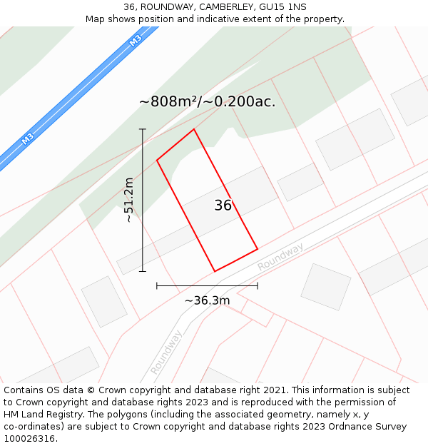 36, ROUNDWAY, CAMBERLEY, GU15 1NS: Plot and title map