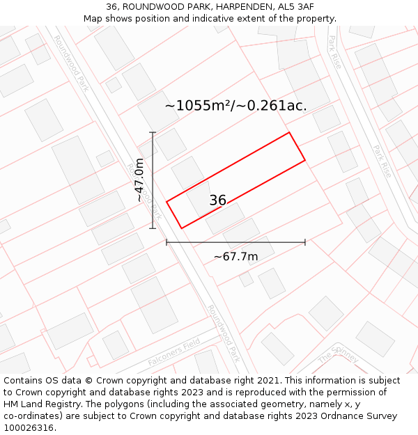 36, ROUNDWOOD PARK, HARPENDEN, AL5 3AF: Plot and title map