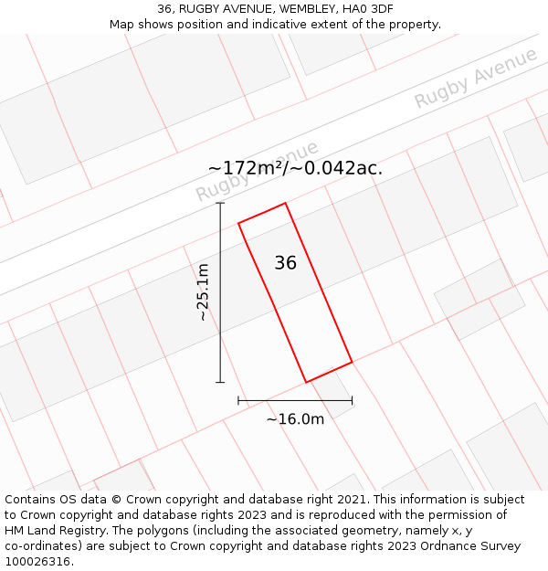 36, RUGBY AVENUE, WEMBLEY, HA0 3DF: Plot and title map