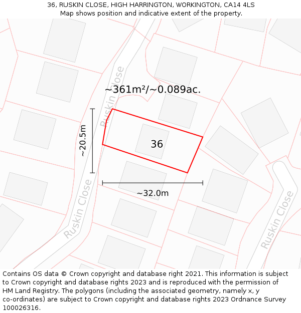 36, RUSKIN CLOSE, HIGH HARRINGTON, WORKINGTON, CA14 4LS: Plot and title map