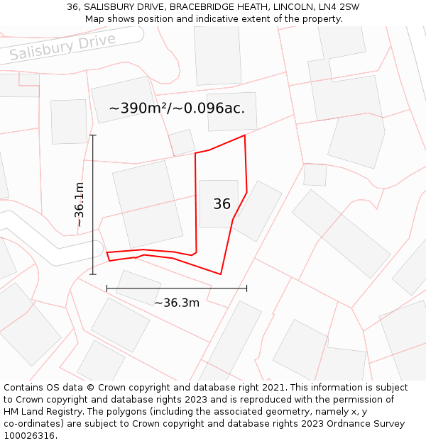 36, SALISBURY DRIVE, BRACEBRIDGE HEATH, LINCOLN, LN4 2SW: Plot and title map