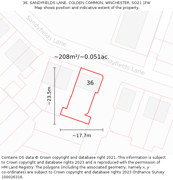 36, SANDYFIELDS LANE, COLDEN COMMON, WINCHESTER, SO21 1FW: Plot and title map