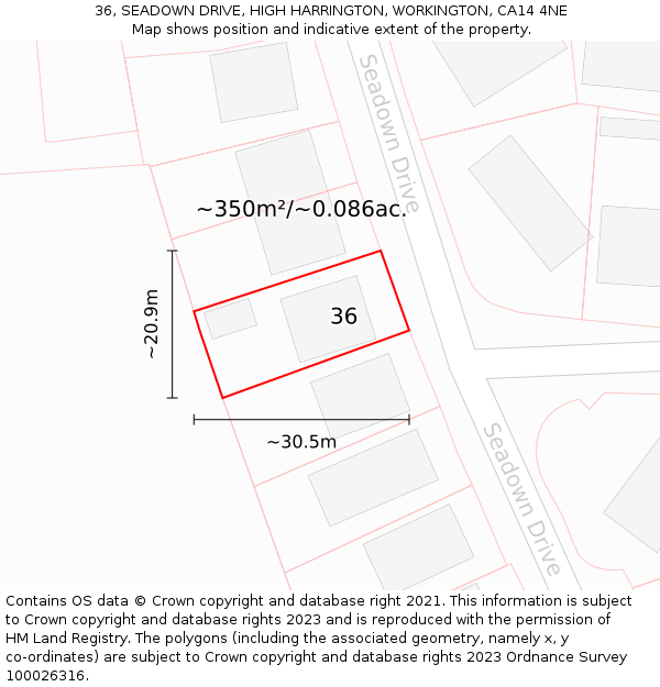 36, SEADOWN DRIVE, HIGH HARRINGTON, WORKINGTON, CA14 4NE: Plot and title map