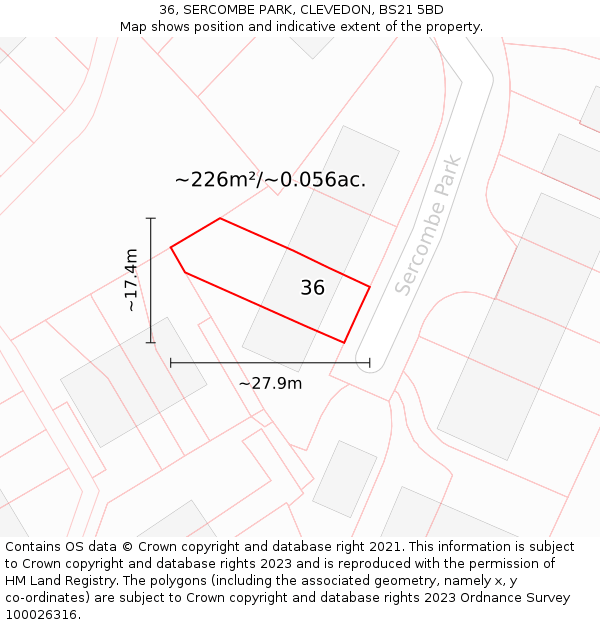 36, SERCOMBE PARK, CLEVEDON, BS21 5BD: Plot and title map