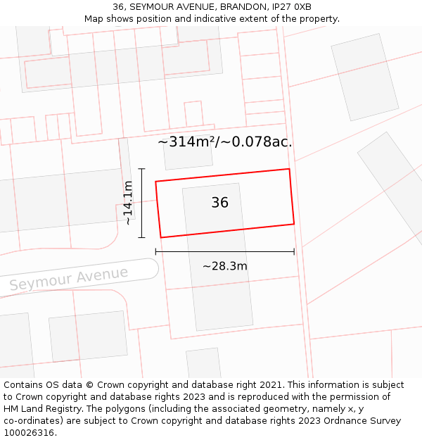 36, SEYMOUR AVENUE, BRANDON, IP27 0XB: Plot and title map