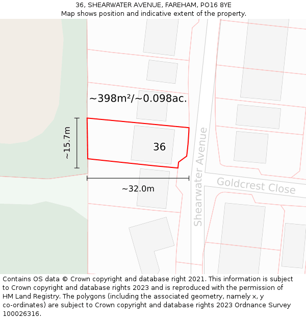 36, SHEARWATER AVENUE, FAREHAM, PO16 8YE: Plot and title map