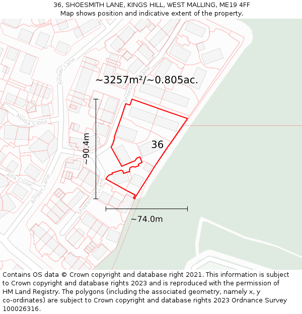 36, SHOESMITH LANE, KINGS HILL, WEST MALLING, ME19 4FF: Plot and title map