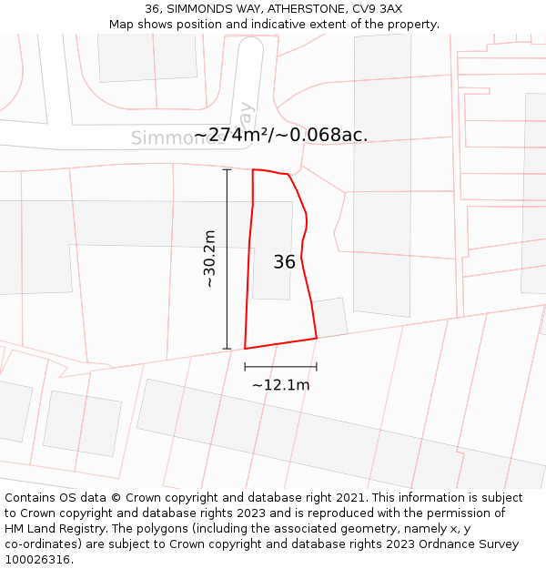 36, SIMMONDS WAY, ATHERSTONE, CV9 3AX: Plot and title map