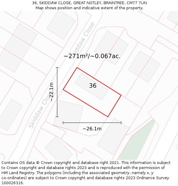 36, SKIDDAW CLOSE, GREAT NOTLEY, BRAINTREE, CM77 7UN: Plot and title map