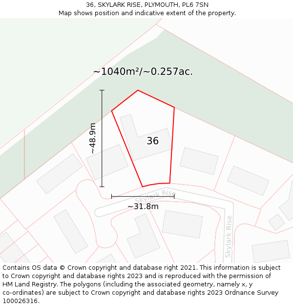 36, SKYLARK RISE, PLYMOUTH, PL6 7SN: Plot and title map