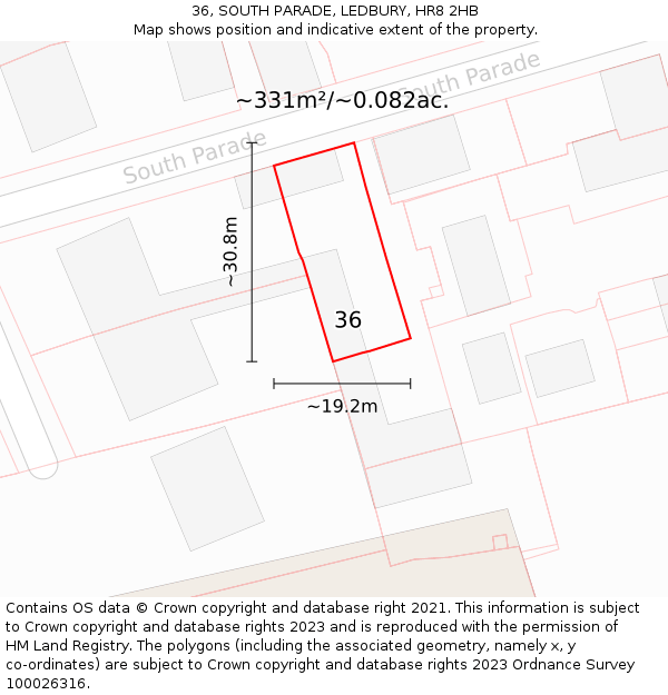 36, SOUTH PARADE, LEDBURY, HR8 2HB: Plot and title map