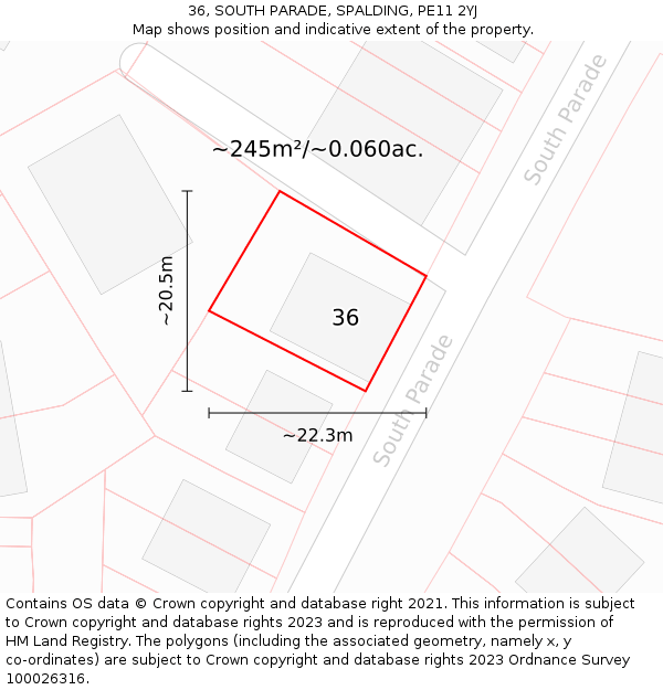 36, SOUTH PARADE, SPALDING, PE11 2YJ: Plot and title map