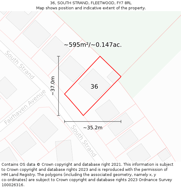 36, SOUTH STRAND, FLEETWOOD, FY7 8RL: Plot and title map