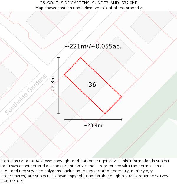 36, SOUTHSIDE GARDENS, SUNDERLAND, SR4 0NP: Plot and title map