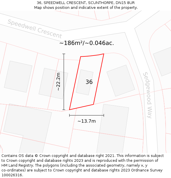 36, SPEEDWELL CRESCENT, SCUNTHORPE, DN15 8UR: Plot and title map