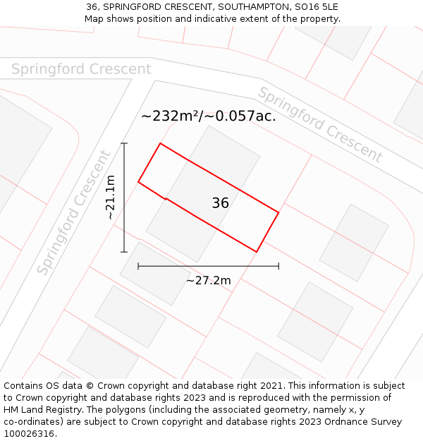 36, SPRINGFORD CRESCENT, SOUTHAMPTON, SO16 5LE: Plot and title map