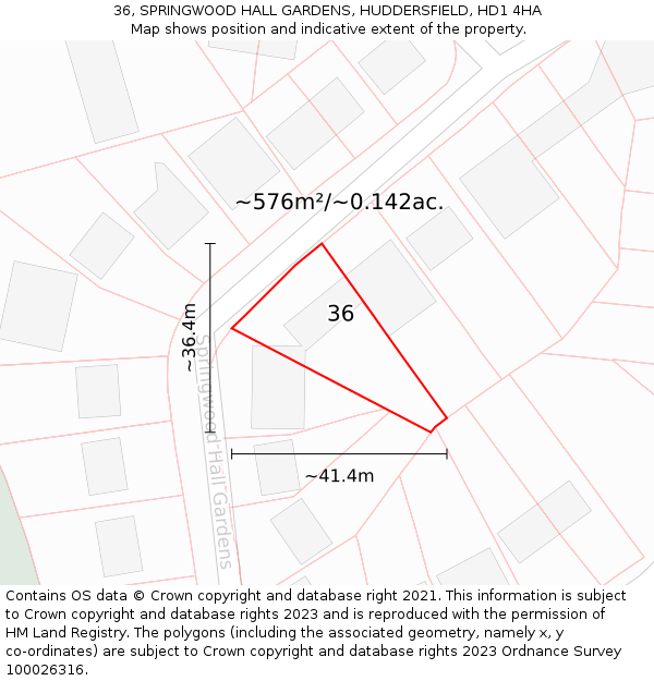 36, SPRINGWOOD HALL GARDENS, HUDDERSFIELD, HD1 4HA: Plot and title map