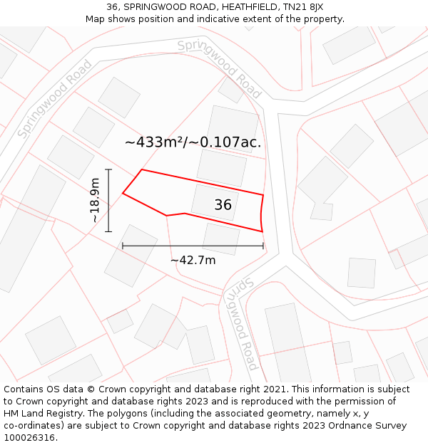 36, SPRINGWOOD ROAD, HEATHFIELD, TN21 8JX: Plot and title map