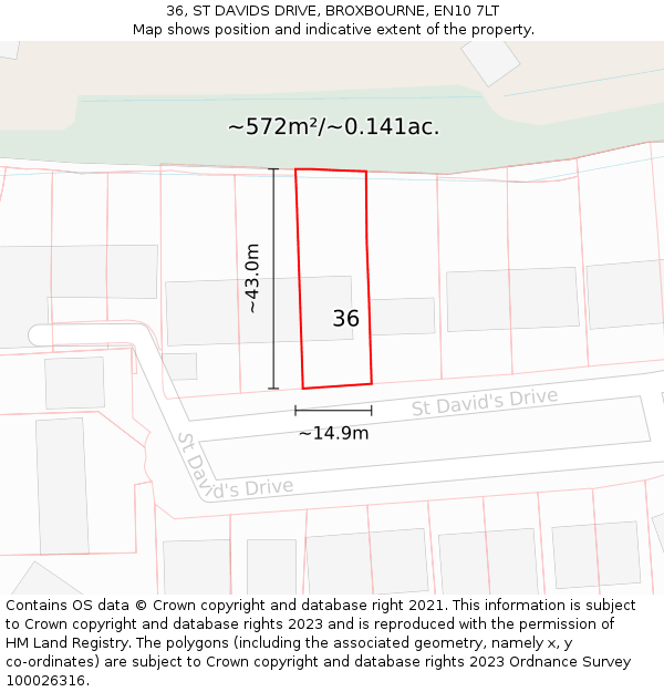 36, ST DAVIDS DRIVE, BROXBOURNE, EN10 7LT: Plot and title map