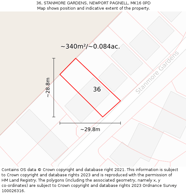 36, STANMORE GARDENS, NEWPORT PAGNELL, MK16 0PD: Plot and title map